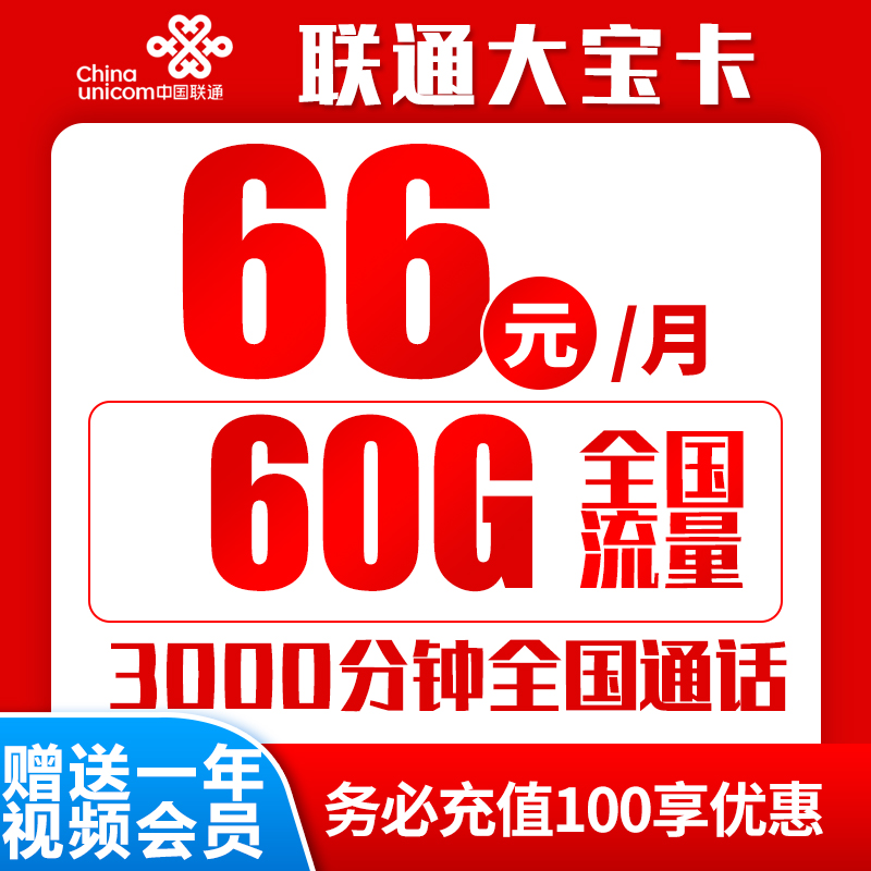 联通大宝卡丨66元30G通用+30G定向+3000分钟（长期套餐，一年视频会员）