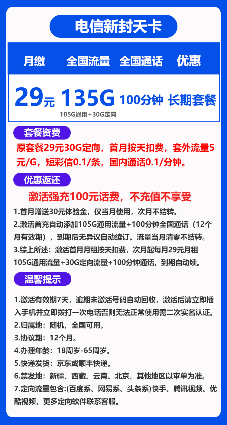 电信新封天卡丨29元105GB通用+30G定向+100分钟（长期套餐） 第1张