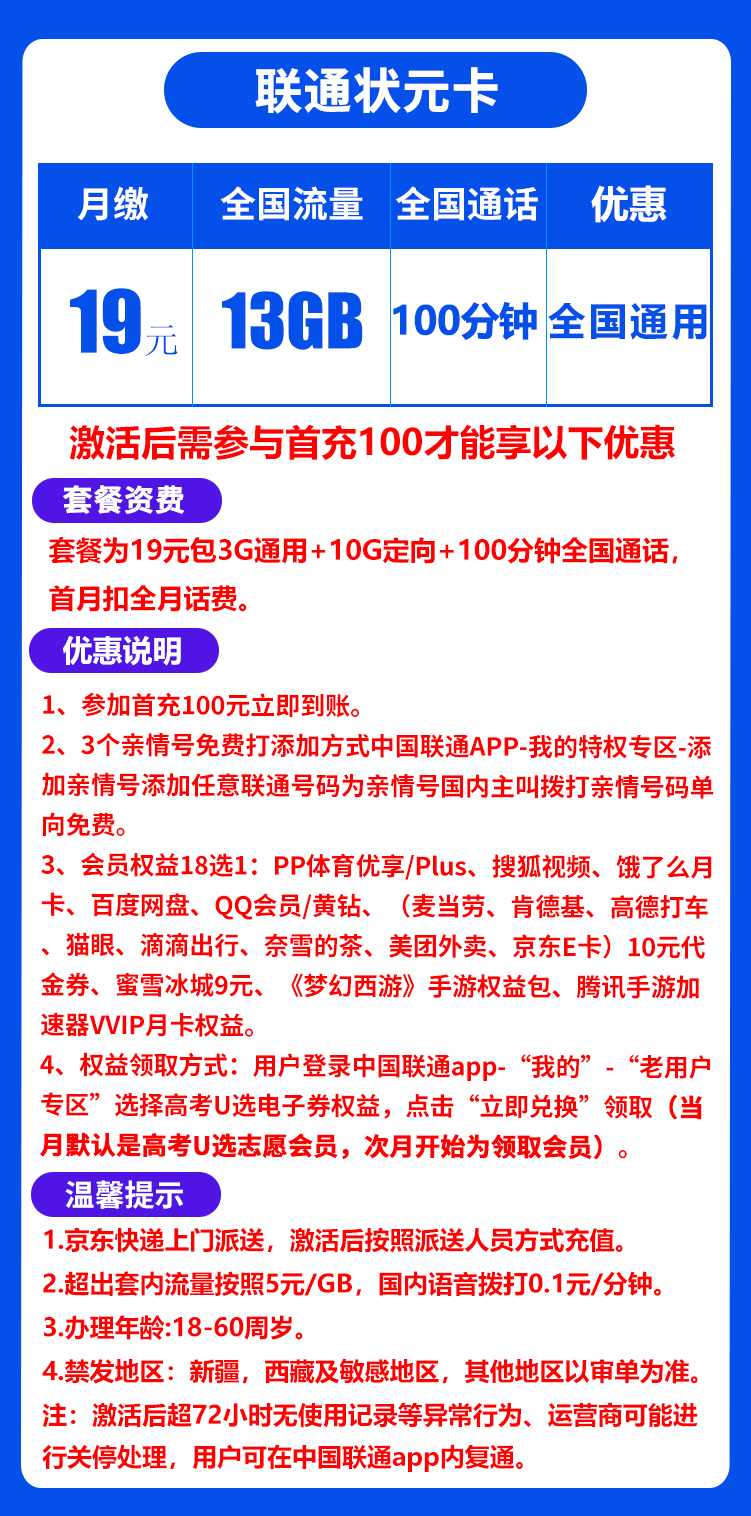 联通状元卡丨19元13G+100分钟（会员18选1） 第1张