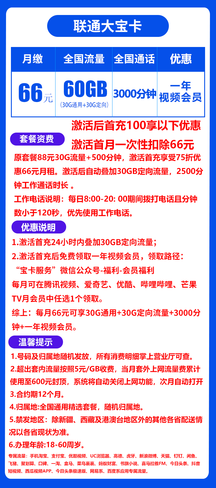 联通大宝卡丨66元30G通用+30G定向+3000分钟（长期套餐，一年视频会员） 第1张