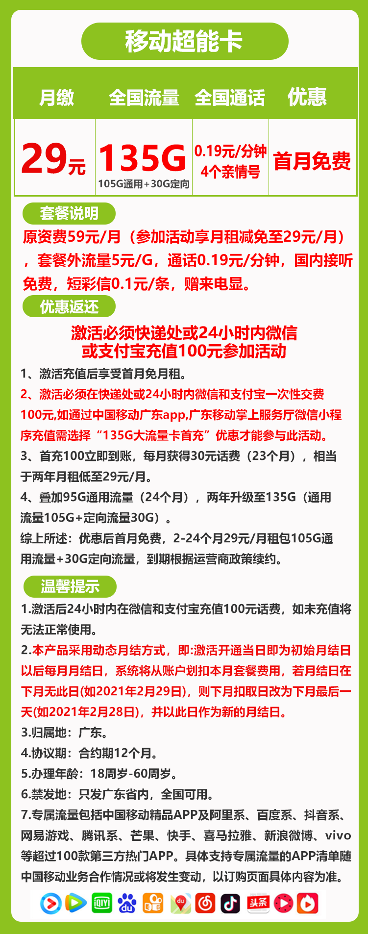 移动超能卡丨29元105G通用+30G定向（两年套餐，广东省内收货地即归属地） 第1张