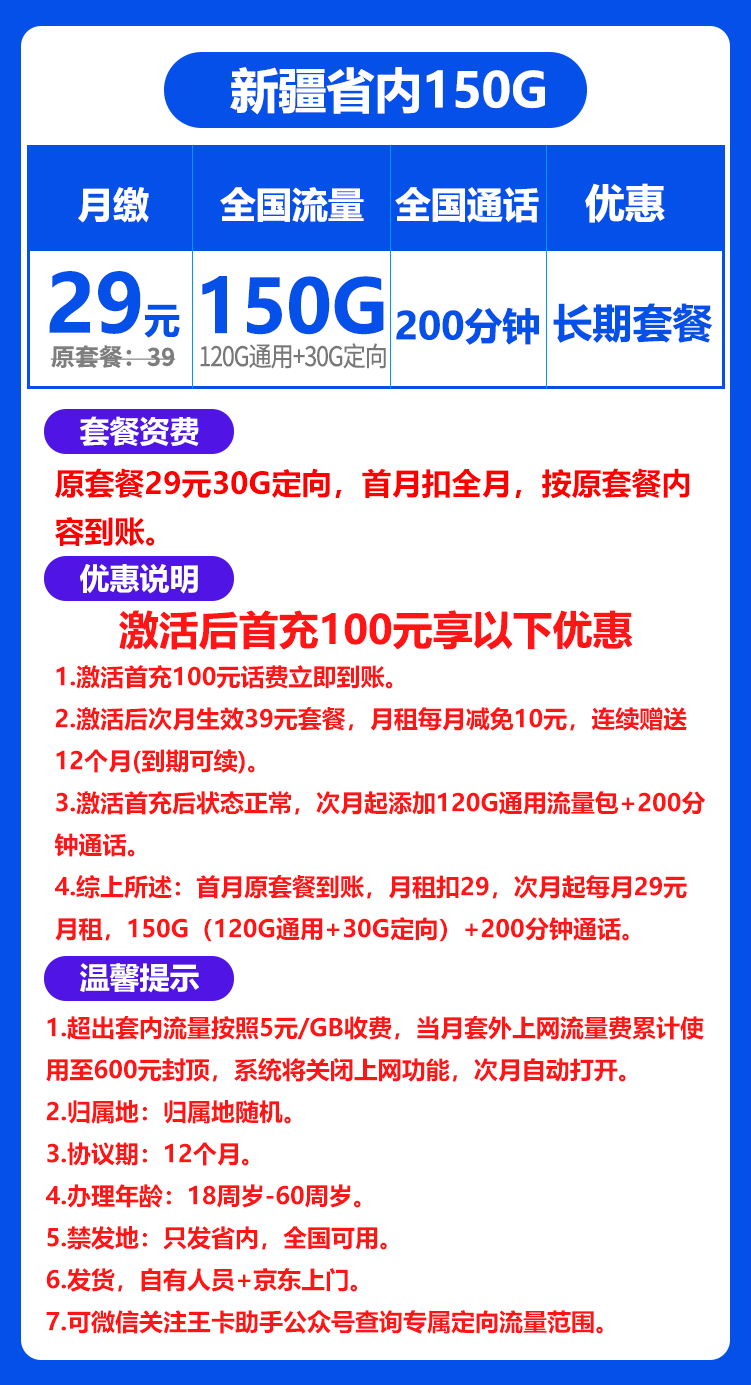 联通新疆卡丨29包120G通用流量+30G定向流量+200分钟通话 第1张