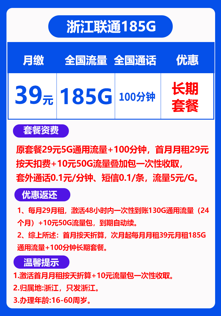 联通浙江39卡丨39包185G通用流量+100分钟通话 第1张